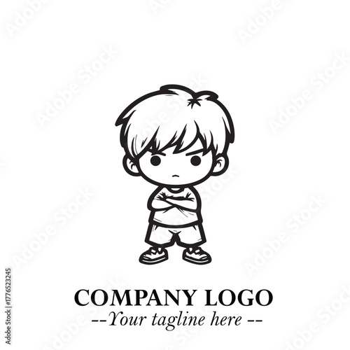 Black and White Chibi Boy Illustration with Jacket and Boots in Bold Thick Line Art Minimal Style