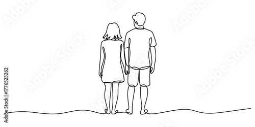 Simple continuous line drawing of a couple holding hands looking out at the ocean