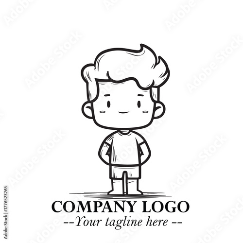 Black and White Chibi Boy Illustration with Jacket and Boots in Bold Thick Line Art Minimal Style