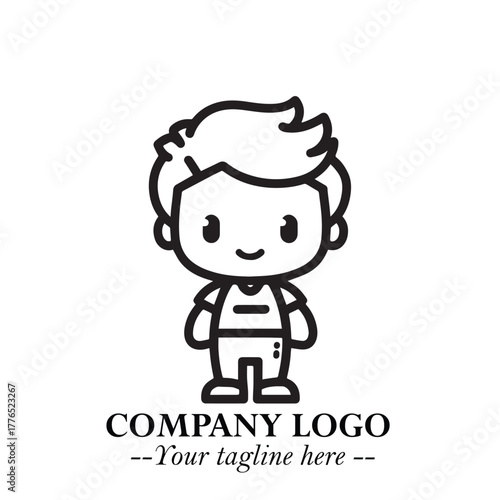 Black and White Chibi Boy Illustration with Jacket and Boots in Bold Thick Line Art Minimal Style