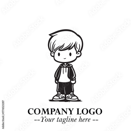 Black and White Chibi Boy Illustration with Jacket and Boots in Bold Thick Line Art Minimal Style