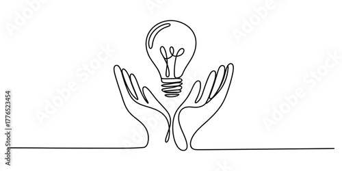 Hands holding a light bulb representing an idea or innovation, continuous line drawing