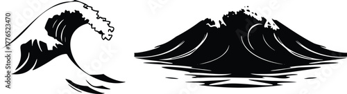 Dynamic black and white illustration featuring powerful crashing waves isolated on transparent background