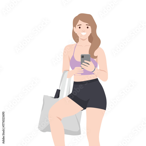 Sporty Woman Checking Phone After Workout. Flat vector illustration isolated on white background