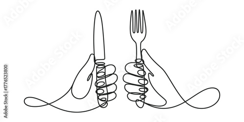Hands holding fork and knife, continuous line drawing