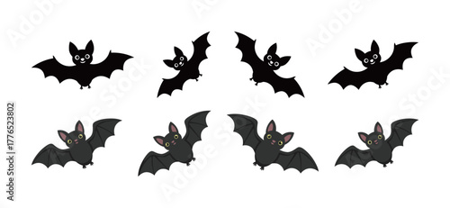 Set of cute cartoon black bats flying with happy faces and big wings, vector illustration for Halloween celebration, spooky decoration, sticker pack, or animal logo design