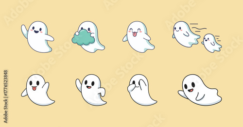 Collection of cute cartoon ghost characters floating and flying with happy and playful expressions, vector illustration set suitable for Halloween decorations, sticker packs, or spooky greeting cards