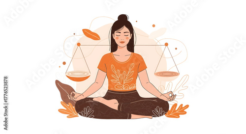 Peaceful woman meditating, embodying inner calm, mental clarity, spiritual wellness, and cosmic balance with celestial scales