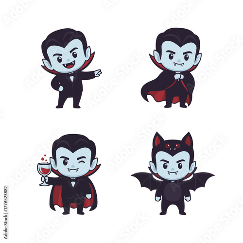 Set of four cute cartoon vampire characters in different poses: welcoming, posing, drinking blood/wine, and bat-like form, vector illustration for Halloween, spooky tales, or nocturnal themes 