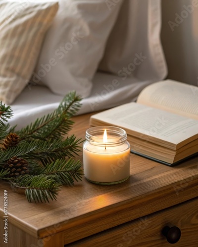 Wallpaper Mural Creating a cozy atmosphere a bedside table with a candle in a glass jar pine sprigs and an open book bathed in warm light Torontodigital.ca
