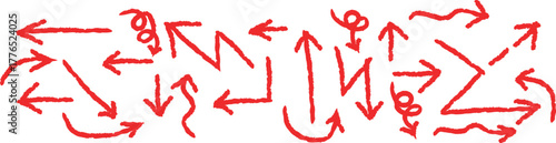 Collection of hand drawn red arrows pointing in various directions chaotic arrangement of numerous red hand-drawn arrows, illustrating diverse directions and movements with a scribbled aesthetic.