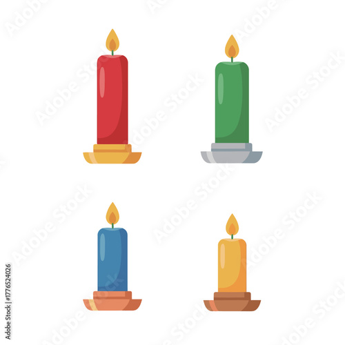 Set of four brightly colored holiday candles in candle holders, featuring red, green, blue, and yellow wax, vector illustration for Christmas, Advent, spiritual, or festive decoration