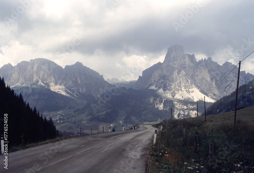 Mountain landscape along the road to Campolongo Pass, Dolomites, Italy