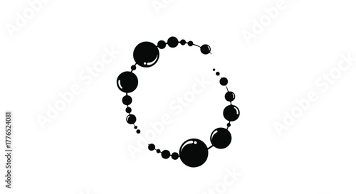Abstract circular arrangement of glossy black spheres on a white background.