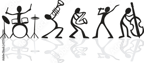 Stylized Black Silhouettes of a Jazz Band Performing with Reflections musicians black and white