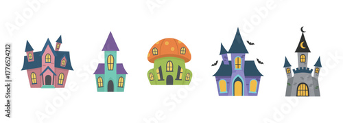 Collection of five colorful cartoon haunted houses and spooky castles in different styles, vector illustration for Halloween, fairy tales, or fantasy architecture isolated on white background.