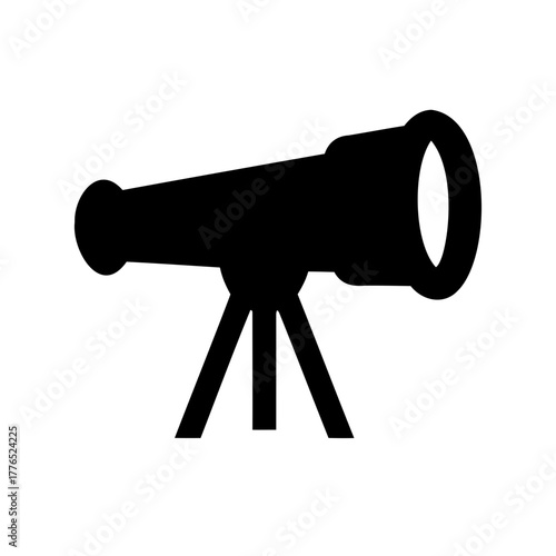 Black silhouette of a telescope instrument with a tripod for viewing stars