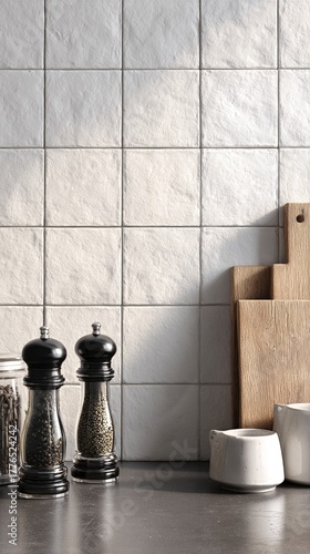 Modern Kitchen Scene With Spices and Herbs on a Wooden Cutting Board