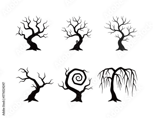 Set of six black silhouettes of scary, spooky, and twisted bare trees with dead branches, vector illustration for Halloween, horror, or desolate landscape design isolated on white background.