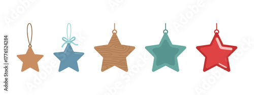 Set of colorful star-shaped Christmas and holiday ornaments or decorations, vector illustration of festive hanging elements in different materials and colors.