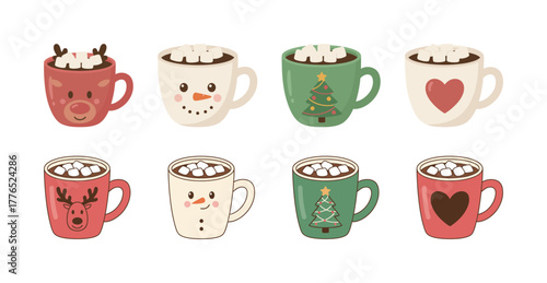 Collection of cute Christmas and holiday hot cocoa mugs with marshmallows, various festive cartoon cups decorated with snowman, reindeer, hearts, and Christmas trees.