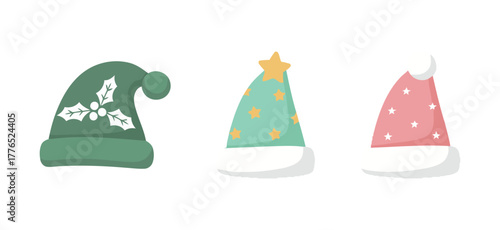 Set of festive Christmas sleeping or night caps, cute holiday headwear with various patterns like stars, holly, and moon, vector illustration.