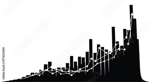 Rising data trend visualized with bars and line graph.