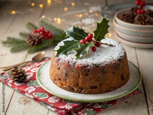 Festive preparation of a christmas fruitcake with icing sugar holly leaf decoration rustic wooden table holiday decor cozy atmosphere detailed perspective for seasonal celebrations