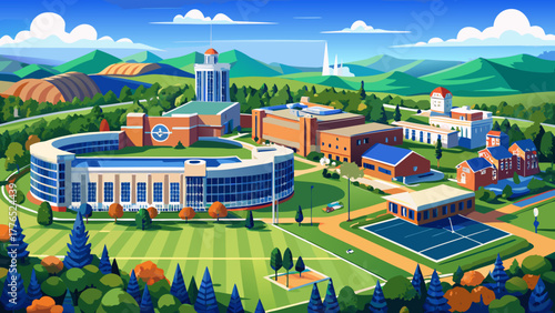 Very beautiful aerial view of the University of Kentucky campus in Lexington, showcasing its modern architecture, academic buildings, and the lush surrounding landscape under clear skies.