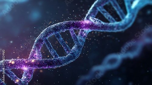 DNA Double Helix with Cosmic Glow and Ethereal Colors. A close-up artistic rendering of a DNA double helix structure, glowing with vibrant purples and blues against a dark, starry background.