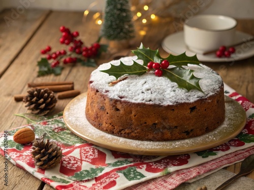 Wallpaper Mural Creating a festive atmosphere with a christmas fruitcake topped with icing sugar holly decoration on a rustic wooden table during the holiday season Torontodigital.ca
