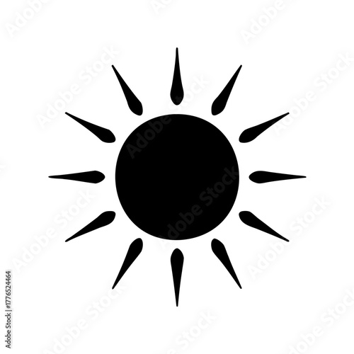 Stylized black sun graphic with pointy rays emanating from a central circle