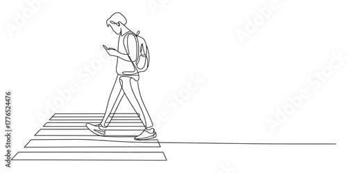 Continuous line drawing of a person walking across a crosswalk while looking at phone