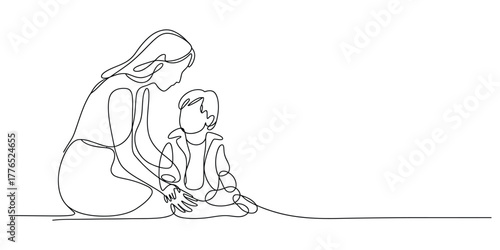 Mother and child sitting together, Simple continuous line drawing