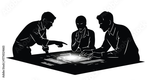 Diverse team collaborating around a futuristic interactive display, strategizing for success.