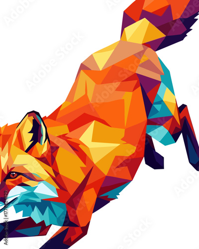 Vibrant geometric fox illustration, dynamically capturing the energetic spirit of a leaping wild animal. Modern abstract polygonal artwork with bold, colorful facets