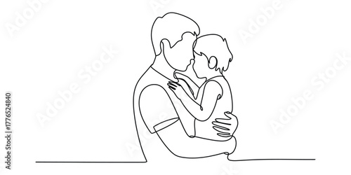 Simple continuous line drawing of a father holding his child
