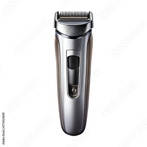Sleek silver electric beard trimmer on black background