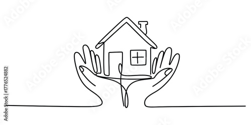 Hands holding a house in a single line drawing