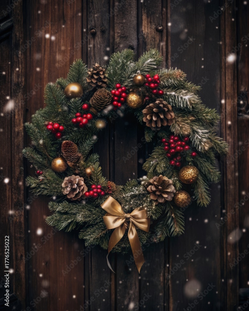 Fototapeta premium Creating a festive atmosphere with a christmas wreath on a rustic wooden front door showcasing red berries pine cones golden ribbons and evergreen foliage