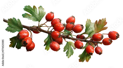 Bright red hawthorn berries and green leaves on a dark background