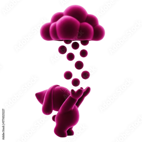 Cute bunny with rain of spheres from a cloud in pink