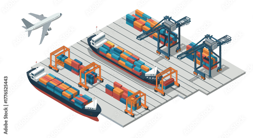 Naklejka premium Modern isometric cargo port with shipping containers and aircraft
