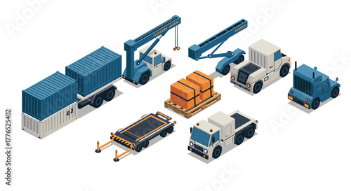 Isometric shipping and logistics equipment set featuring trucks and cranes