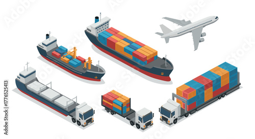 Transportation and logistics cargo ships, trucks, and airplane in isometric design