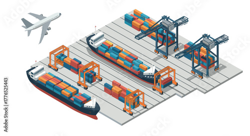 Modern isometric cargo port with shipping containers and aircraft
