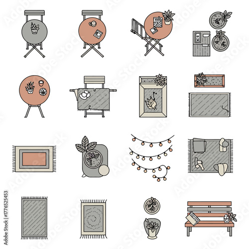 outdoor furniture layout for patio design top-down view showcasing rugs seating  planters for backyard landscaping  stylish garden decor ideas