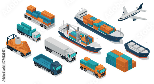 Isometric logistics and transportation elements trucks, ships, and airplane with cargo containers