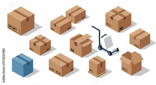 Isometric cardboard boxes with hand truck on white background shipping and logistics concept