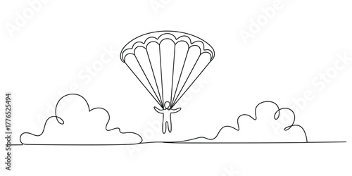 Single line drawing of a skydiver with parachute and clouds